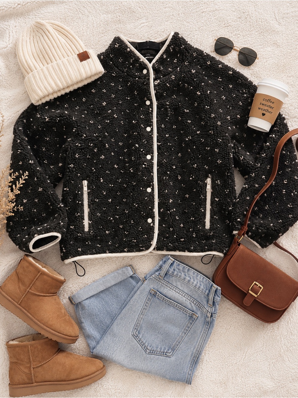 Speckled Teddy Sherpa Jacket | Snap Front Cozy Fleece Coat Green & Cream